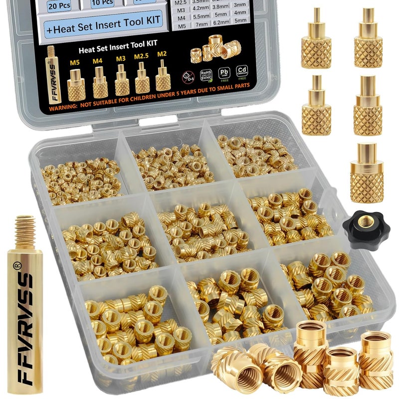 FFVRVSS 320+6Pcs M2 M2.5 M3 M4 M5 Premium Brass Threaded Inserts, Metric Brass Knurled Nuts Assortment Kit, with Heat Set Insert Tool, for Plastic and 3D Printing Components, All-in-one - Image 1